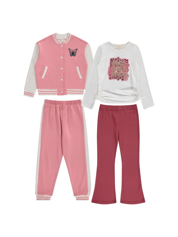 Girls' 4-Pack Wardrobe Set with Jacket , Printed Pull-On Clothing Bundle - Sizes 7/8