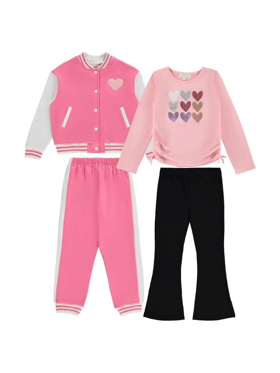 Girls' 4-Pack Wardrobe Set with Jacket in Coral - Fashionable Kids' Clothing Bundle - Sizes 4/5
