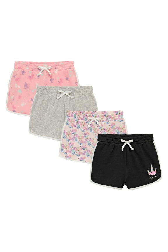 Girls 4-Piece Active Performance Dolphin Shorts with Faux Drawstring, Sports Running Shorts for Kids