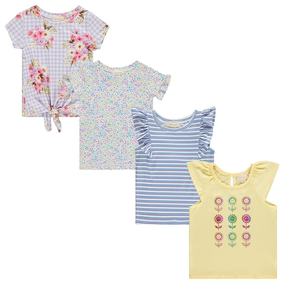 BTween Girls 4-Piece Summer Tops | Fashionable Short Sleeve T-Shirt | Casual Daily Shirt for Kids - Assorted Colors