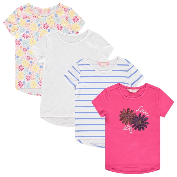BTween Girls 4 Piece Summer Tops Fashionable Short Sleeve T-Shirt Casual Daily Shirt for Kids Assorted Colors