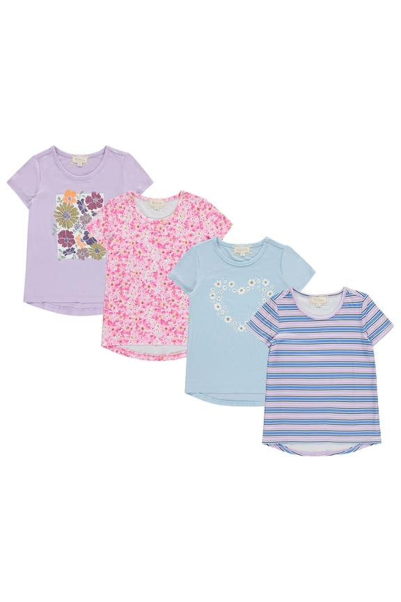 Girls 4-Piece Summer Tops | Fashionable Short Sleeve T-Shirt | Casual Daily Shirt for Kids - Assorted Colors