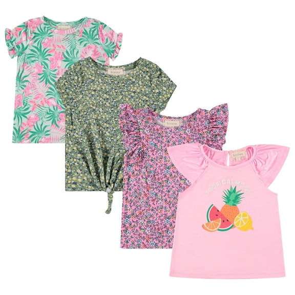 BTween Girls 4-Piece Summer Tops | Fashionable Short Sleeve T-Shirt | Casual Daily Shirt for Kids - Assorted Colors