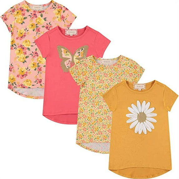 BTween Girls 4-Piece Summer Tops | Fashionable Short Sleeve T-Shirt | Casual Daily Shirt for Kids - Assorted Colors