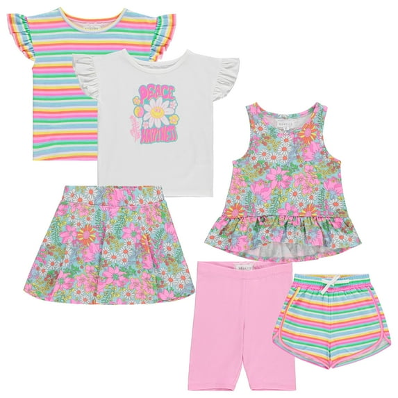 BTween Girls 6-Pack Peace Happiness Outfit Set w/ Ruffle Sleeve Tees, Peplum Tank Top, Skirt, Dolphin & Biker Shorts/7-8