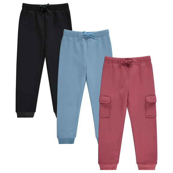 BTween Girls Fleece Joggers, 3 Pack Soft CVC Pants for Kids - JETBK, Size 10/12