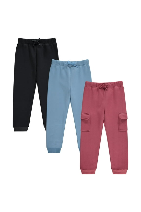 Girls Fleece Joggers, 3 Pack Soft CVC Pants for Kids - Jetbk, Size 7/8