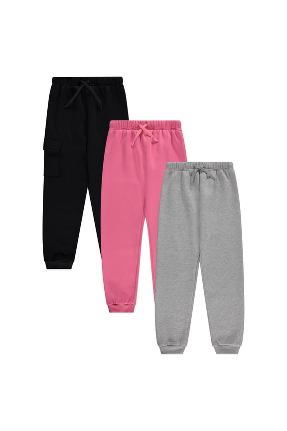 Girls Fleece Joggers, 3 Pack Soft CVC Pants for Kids - Rose, Size 7/8