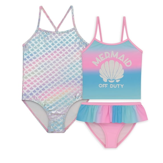 BTween Girls One Piece Bathing Suit & 2-pc Tankini Swimsuit Set, Kids Cute Mermaid Off Duty Swimwear, Ombre, Size 7