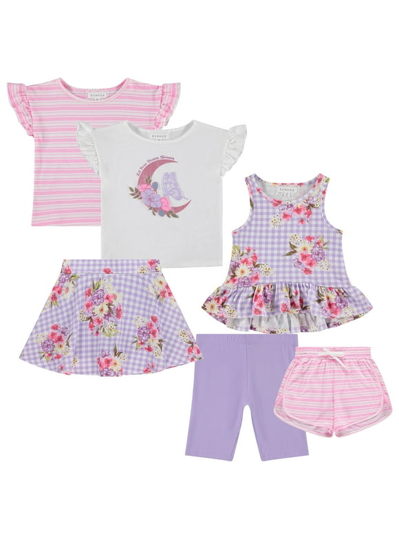 Girls Ruffle Sleeve Tees, Tank Top, Skirt & Biker Shorts (Girl's), 6-Piece Set, Sizes 10-12