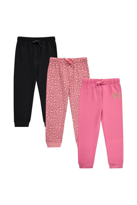 Kids Girl's Fashion Stretch Waist Ultra Soft Jogger Pants Set - 3 Pack Bundle, LEOPD,10/12