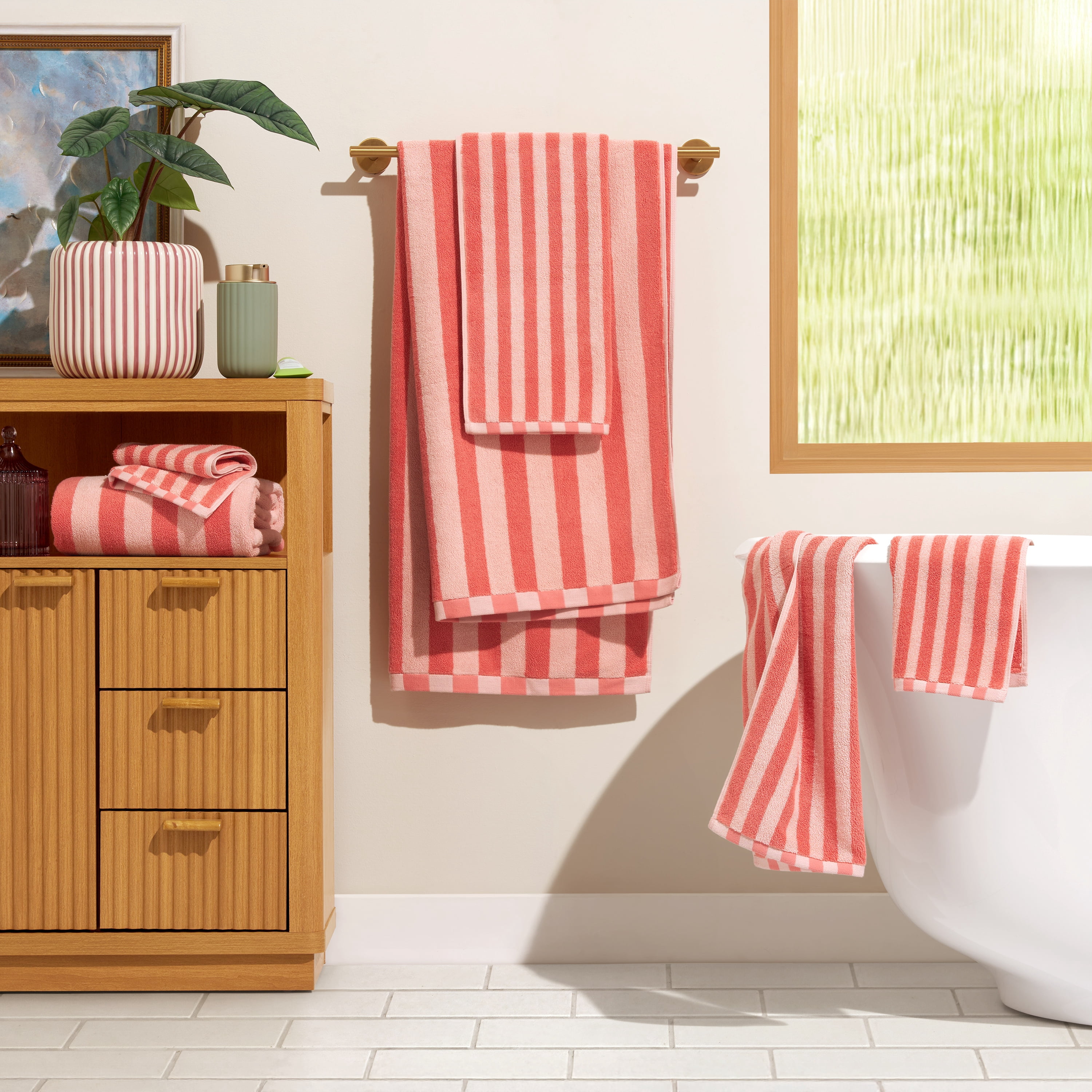 Beautiful by Drew Barrymore 6-Piece Stripe Hem Bath Towel Set, Soft 100% Cotton, Coral