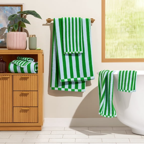 Beautiful by Drew Barrymore 6-Piece Stripe Hem Bath Towel Set, 100% Cotton, Green