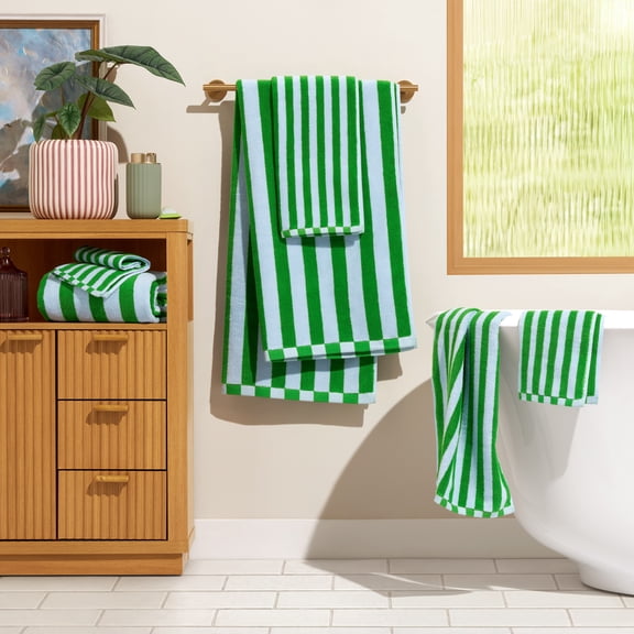 Beautiful by Drew Barrymore 6-Piece Stripe Hem Bath Towel Set, Soft 100% Cotton, Green