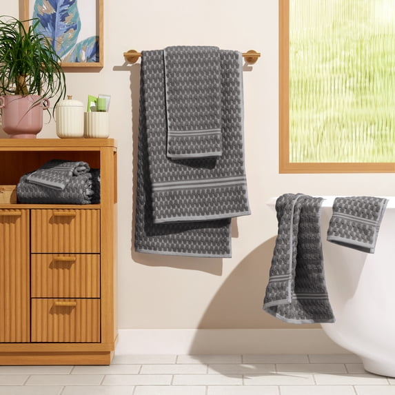 Beautiful by Drew Barrymore 6-Piece Staggered Tile Bath Towel Set, Soft 100% Cotton, Charcoal