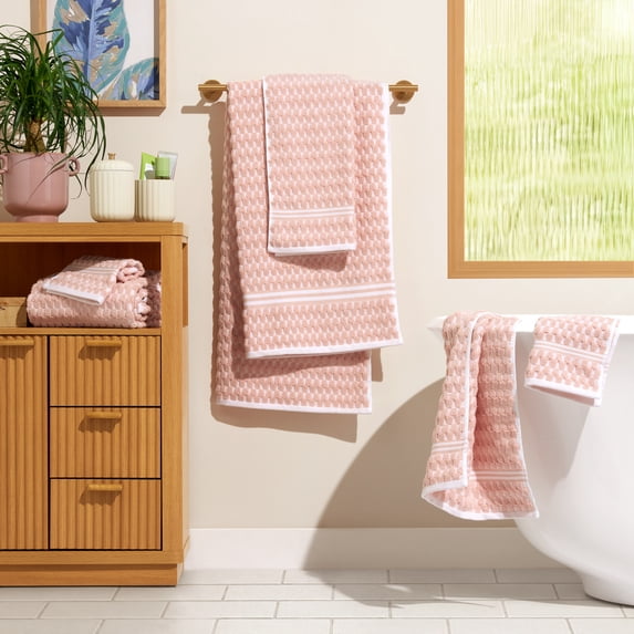 Beautiful by Drew Barrymore 6-Piece Staggered Tile Bath Towel Set, Soft 100% Cotton, Rose