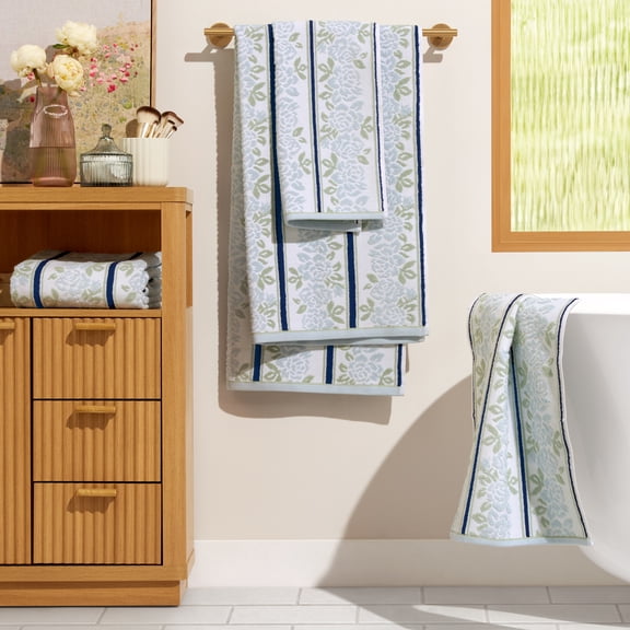 Beautiful by Drew Barrymore 4-Piece Wallpaper Bath Towel Set, 100% Cotton, Hydrangea Blue