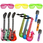 BUBABOX 12 Pcs Inflatable Guitar Set 21 in, Musical Air Guitar, Blow Up Instrument, Microphone Saxophone Ballons & Glasses for Rock Star Party Supplies Toy, Kids Birthday