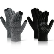ABAIMA BUBABOX 2 Pairs Winter Knit texting Gloves for Adult, Non-slip Touchscreen Gloves Unisex, Mens Winter Thermal Driving Gloves for Driving,Running,Driving,Hiking(grey,black)