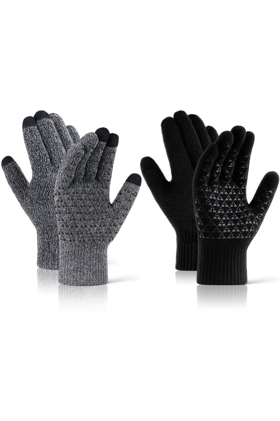 BUBABOX 2 Pairs Winter Knit texting Gloves for Adult, Non-slip Touchscreen Gloves Unisex, Mens Winter Thermal Driving Gloves for Driving,Running,Driving,Hiking(grey,black)