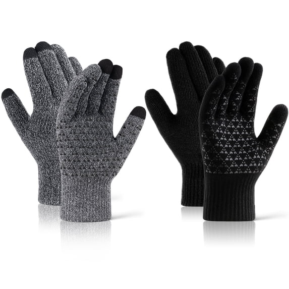 BUBABOX 2 Pairs Winter Knit texting Gloves for Adult, Non-slip Touchscreen Gloves Unisex, Mens Winter Thermal Driving Gloves for Driving,Running,Driving,Hiking(grey,black)