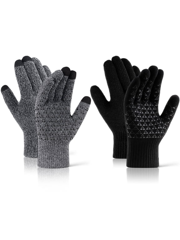 BUBABOX 2 Pairs Winter Knit texting Gloves for Adult, Non-slip Touchscreen Gloves Unisex, Mens Winter Thermal Driving Gloves for Driving,Running,Driving,Hiking(grey,black)