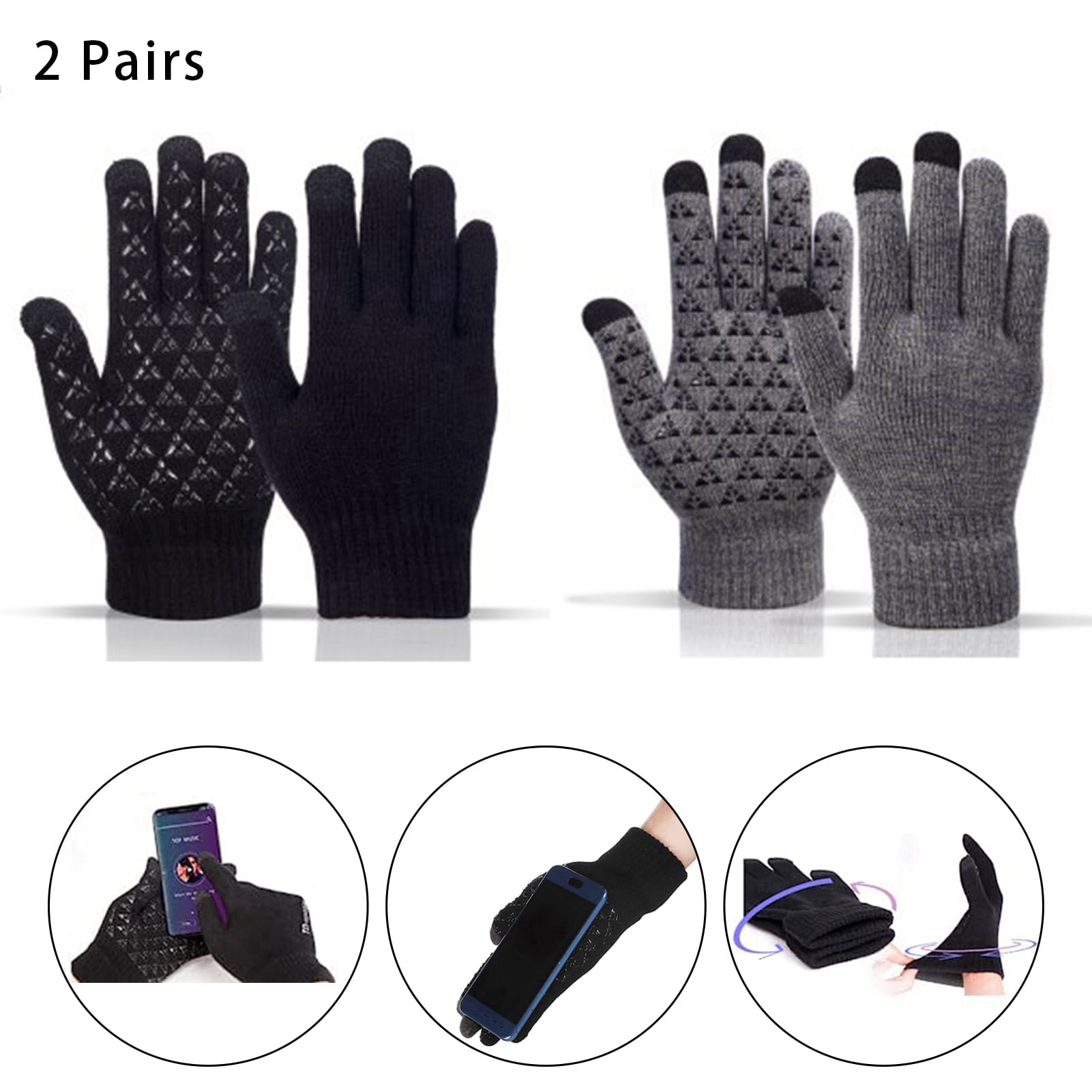 BUBABOX 2 Pairs Winter Knit texting Gloves for Adult, Nonslip