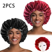 ABAIMA BUBABOX 2Pcs Double-sided Satin Bonnet Cap, Oversized Silk Bonnet for Curly Hair Covers,Long Curls and Straights Hair for Women(black;wine red)