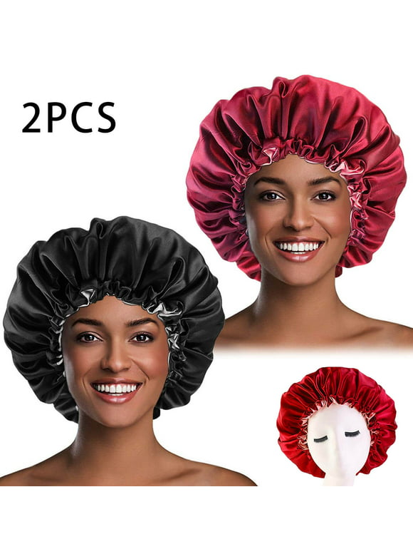 BUBABOX 2Pcs Double-sided Satin Bonnet Cap, Oversized Silk Bonnet for Curly Hair Covers,Long Curls and Straights Hair for Women(black;wine red)