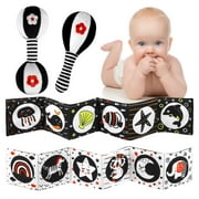 BUBABOX 3Pack Baby Rattle Toy Sensory Black and White High Contrast Soft Book, Baby Dumbbell Toy Rattle Black and White Soft Rattles for Newborn Baby Toys 0 3 6 9 12 Months Boys Girls Gift