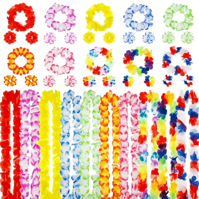 BUBABOX 40 Pack Hawaiian Flower Leis,41 Inch Tropical Luau Party Supplies Flower Hair Clip and Elastic Wristbands for Hawaii Decorations,Beach Theme Party Decorations(Multicolor)