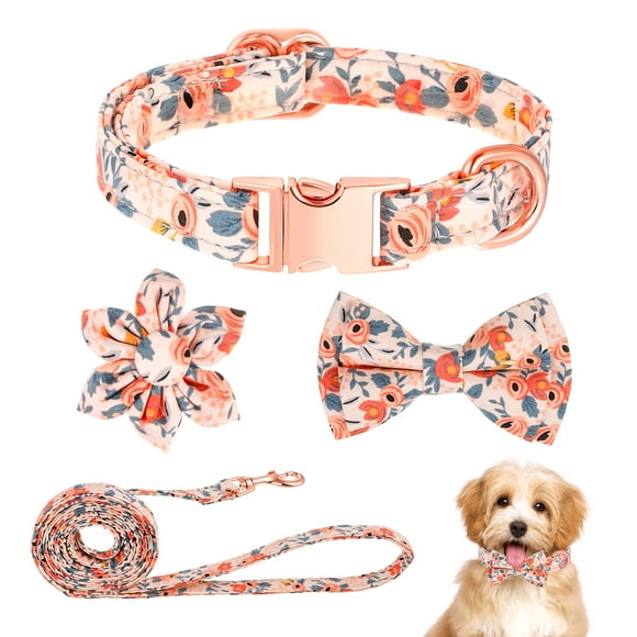 BUBABOX 4Pcs 10*16.5in Girl Puppy Collar Leash Set,Floral Leash,Bow Tie,Adjustable Metal Buckle,Flower Collar for Wedding Holiday Birthday Party(Orange-S)