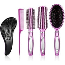 BUBABOX 5 Pieces Hair Brush Comb Set Detangling Paddle Brush Round Hair Tail Comb Wet Dry Brush for Women Men Hair Styling(Purple)