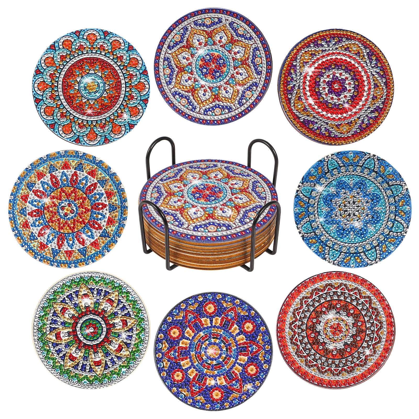 BEIHNUEM 8 Pcs Diamond Painting Coasters with Holder, DIY Mandala Drink Coasters Diamond Painting Kits for Table Protection 5D Diamond Art Kits