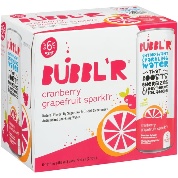 BUBBL'R Antioxidant Sparkling Water, Cranberry Grapefruit Sparkl'r, 12 fl oz, 6 Pack Cans