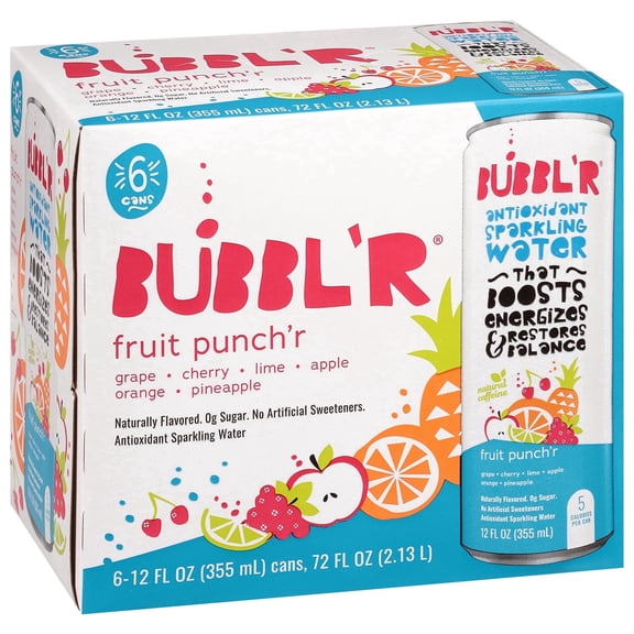 BUBBL'R Antioxidant Sparkling Water, Fruit Punch'r, 12 fl oz, 6 Pack Cans