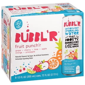 BUBBL'R Antioxidant Sparkling Water, Fruit Punch'r, 12 fl oz, 6 Pack Cans
