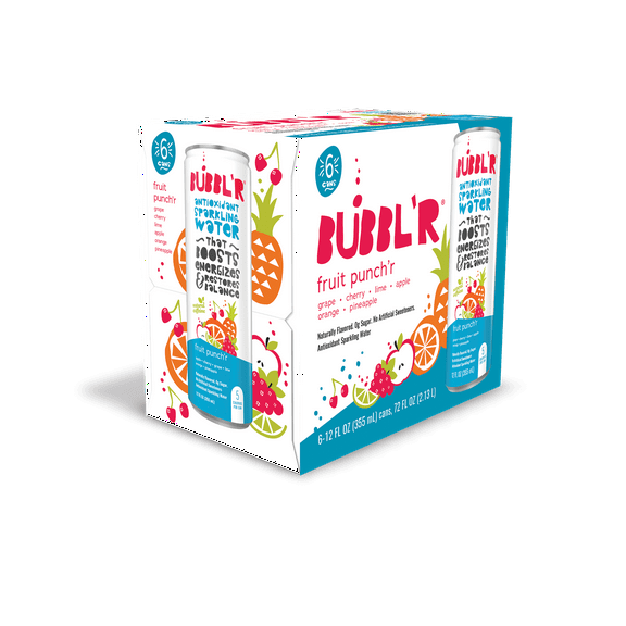 BUBBL'R Antioxidant Sparkling Water, fruit punch'r, 12 fl oz, 6 Pack Cans