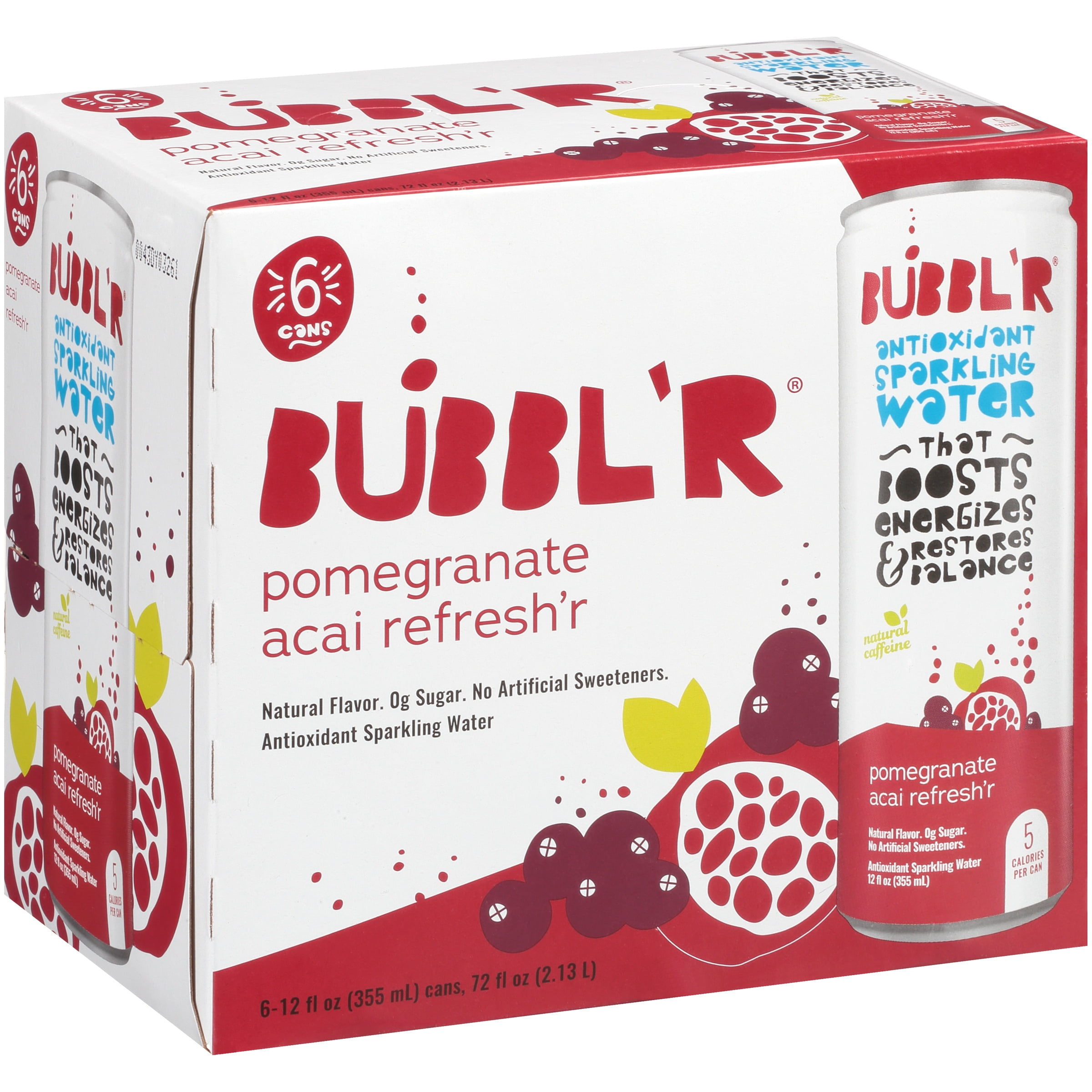 BUBBL'R Antioxidant Sparkling Water, Pomegranate Acai Refresh'r, 12 fl oz, 6 Pack Cans