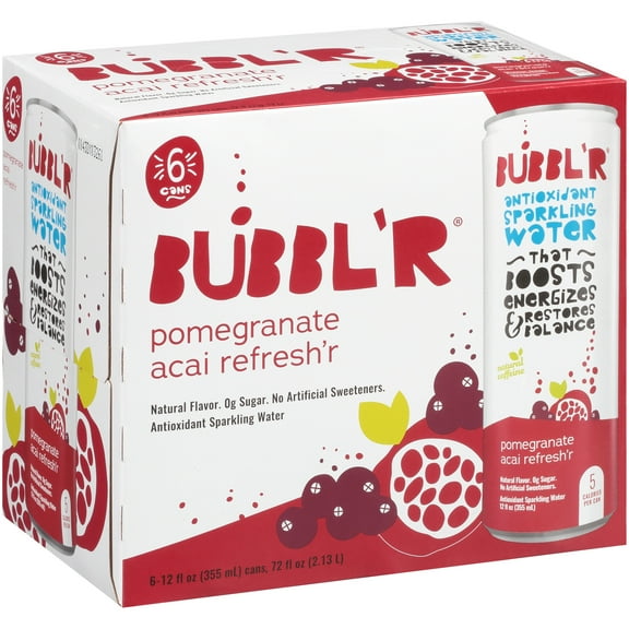 BUBBL'R Antioxidant Sparkling Water, Pomegranate Acai Refresh'r, 12 fl oz, 6 Pack Cans