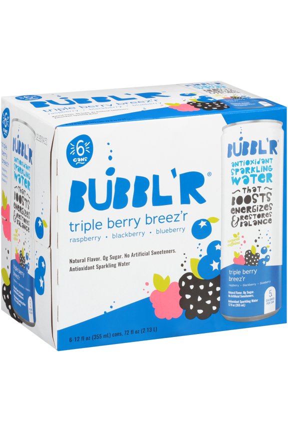 Antioxidant Sparkling Water, Triple Berry Breez'r, 12 fl oz, 6 Pack Cans
