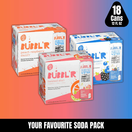 BUBBL’R Antioxidant Sparkling Water Variety Pack, 18 Cans, 12 fl oz – Peach Raspberry, Triple Berry, Twisted Elix’r – 3 Flavors, 6 Cans Each