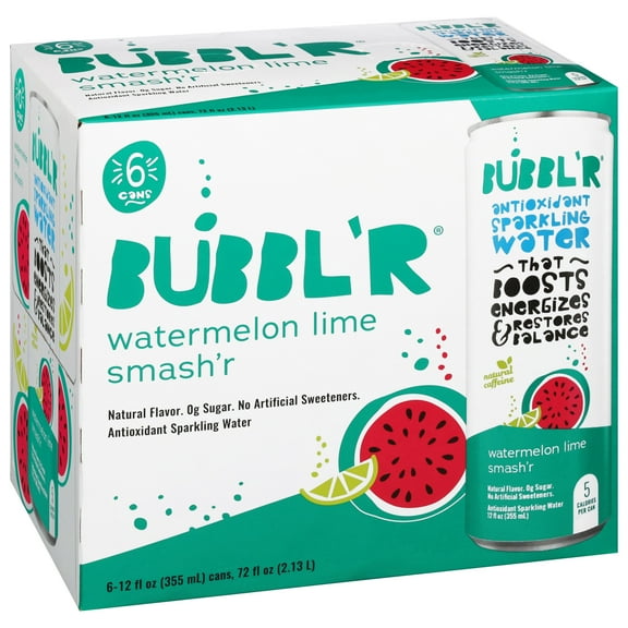 BUBBL'R Antioxidant Sparkling Water, Watermelon Lime Smash'r, 12 fl oz, 6 Pack Cans