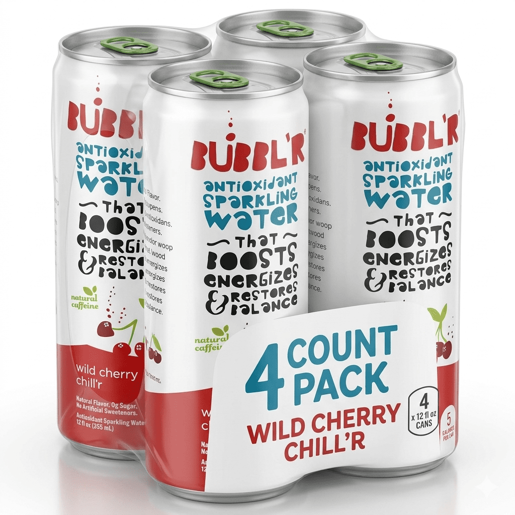 BUBBL'R Antioxidant Sparkling Water, Wild Cherry Chill'r, 12 fl oz, 4 Pack Cans