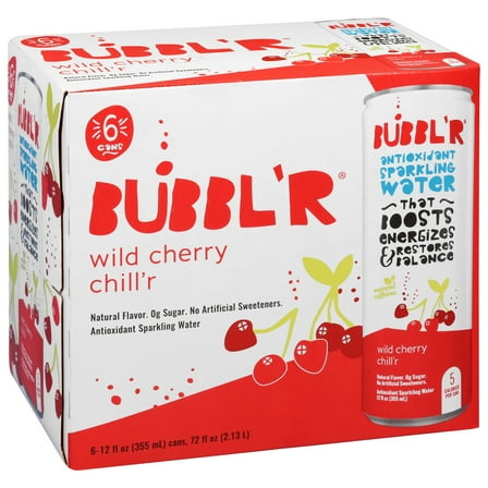 BUBBL'R Antioxidant Sparkling Water, Wild Cherry Chill'r, 12 fl oz, 6 Pack Cans