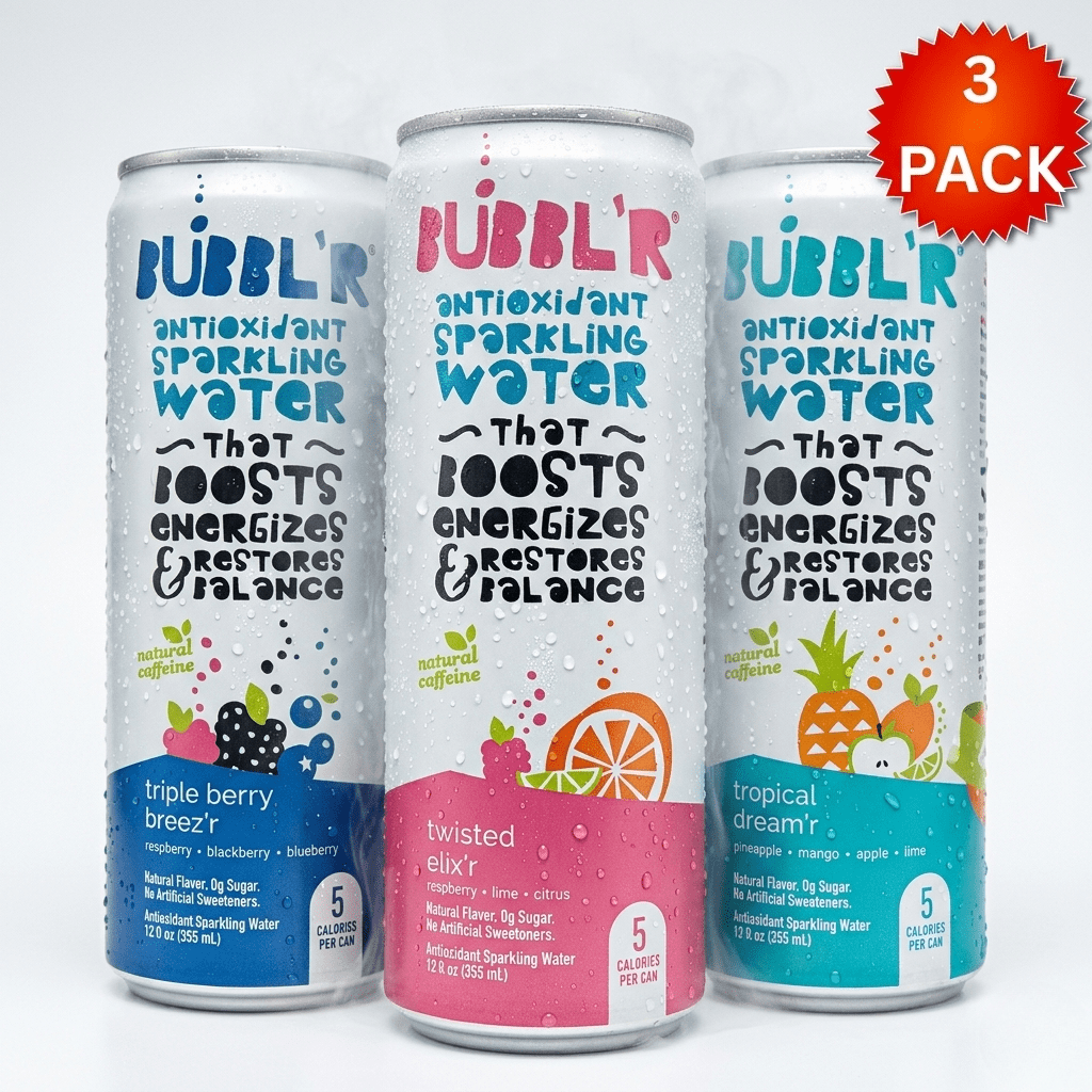 BUBBL'R Sparkling Water Variety Pack, 12 fl oz, Tropical Dream’r, Triple Berry Breez’r, Twisted Elix’r, Refreshing Flavored Sparkling Beverage, (3 Pack)