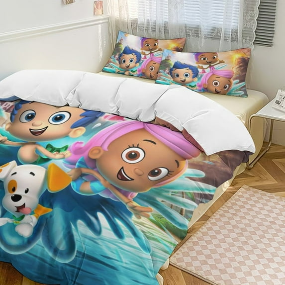 BUBBLE GUPPIES 3-Piece Bedding Set Warm And Comfortable Soft Duvet Cover Bed Set with 1 Duvet Cover And 2 Pillowcases for Boys Girls Kids Adult Bedroom All Season