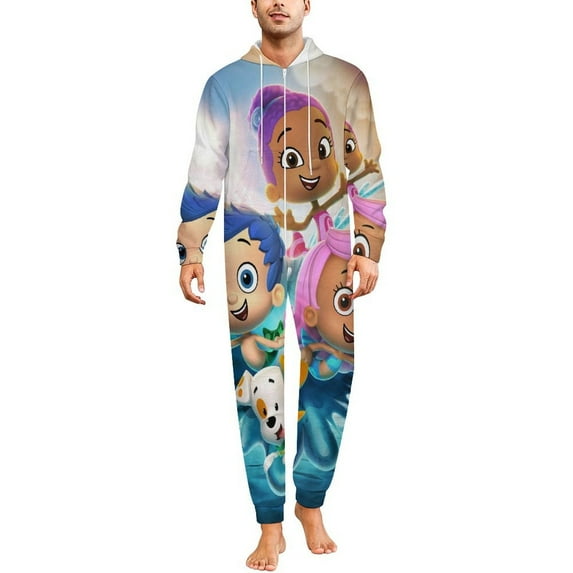 BUBBLE GUPPIES Unisex Onesie Pajamas Zipper Jumpsuit Hooded One Piece Sleepwear for Family Mens Womens