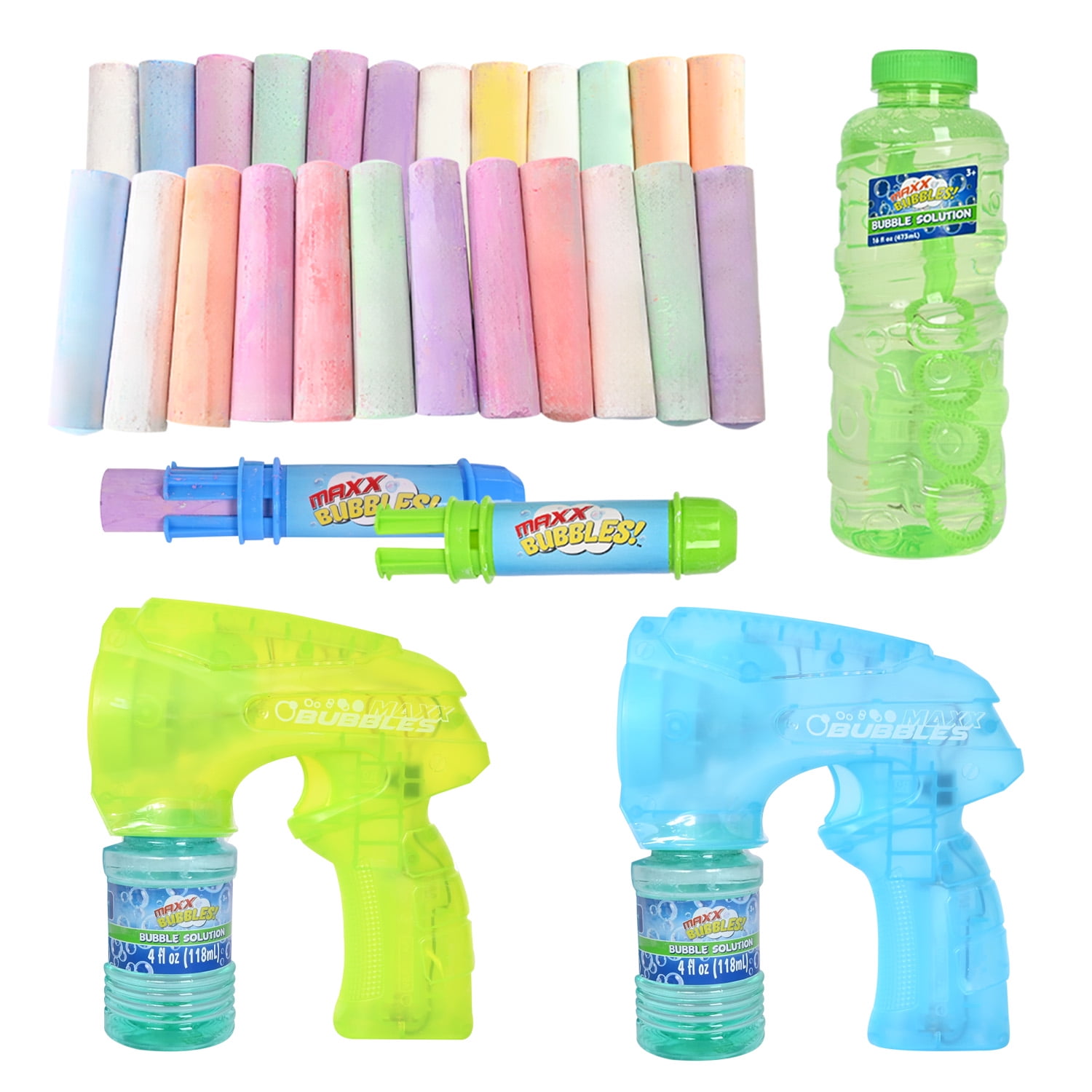 Maxx Bubbles Bubble Party Pack with 2 Blasters, 16oz Refill, and 24 Sidewalk Chalks for Ages 3 and Up