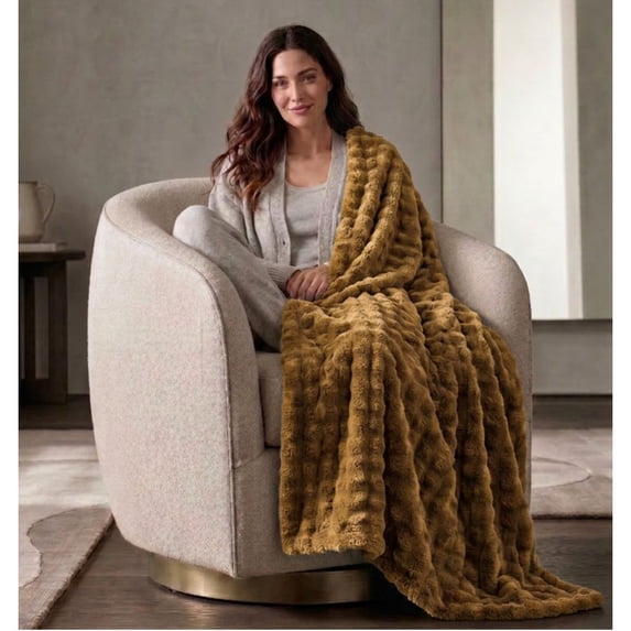 Cozy Haven Luxury Bubble Plush Oversized Couch Throw Blanket, Beige, 50 x 72 in